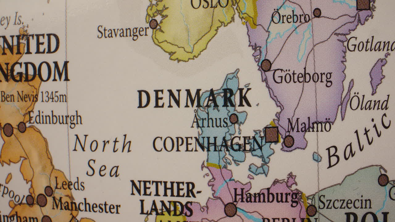 Close-up of a Map Centered on Denmark and Surrounding European Countries