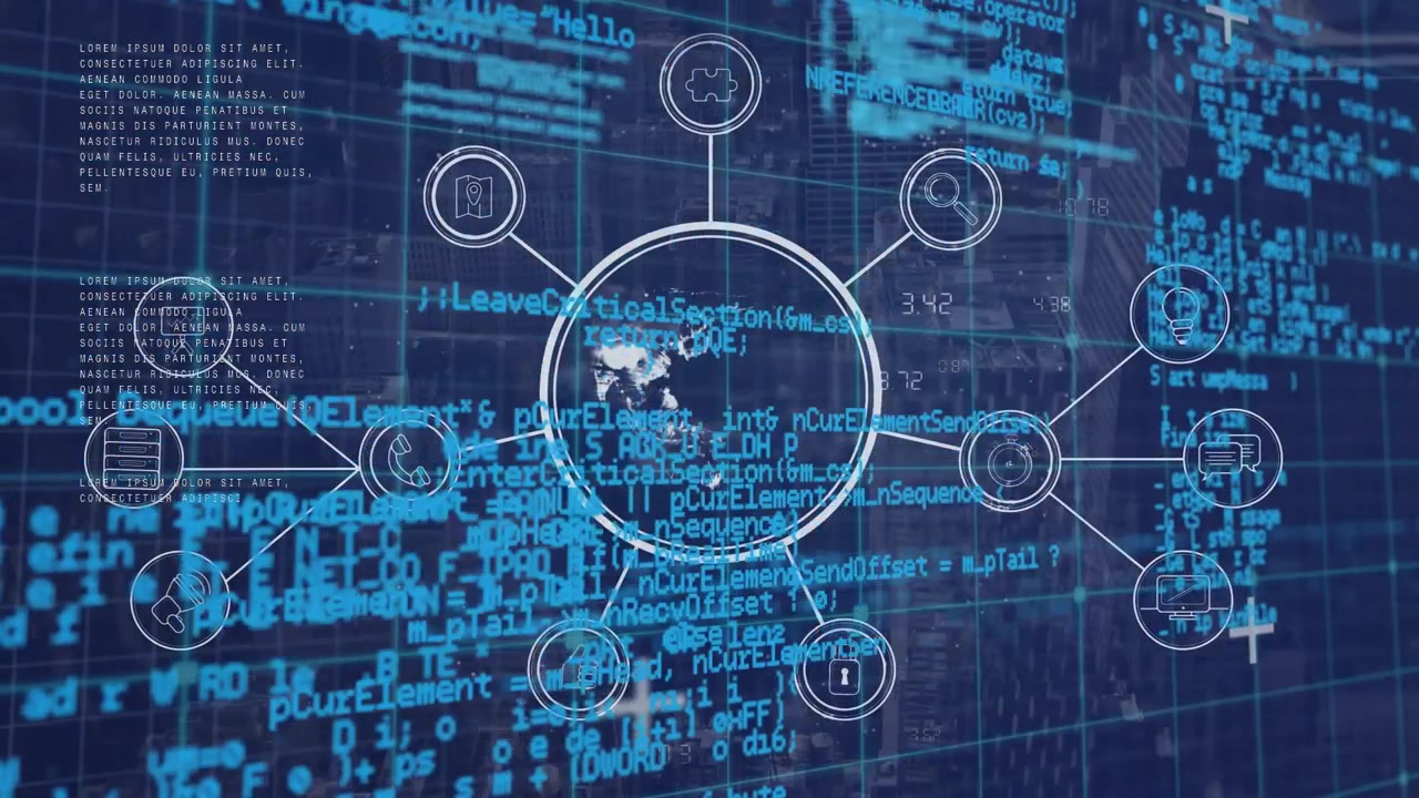 Animation of data processing over globe with network and icons