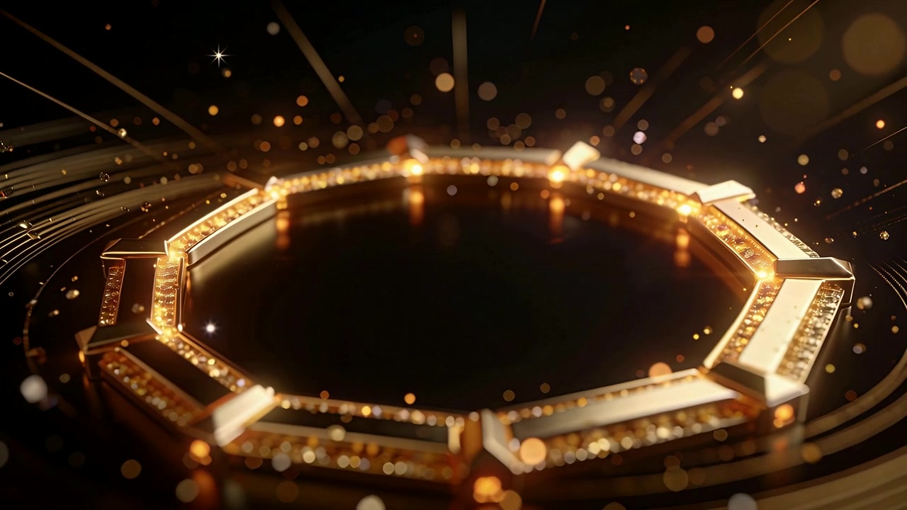 La telecamera si avvicina, mostrando un anello ottagonale d'oro che scintilla su una piattaforma nera riflettente, mettendo in mostra le sue sfaccettature.