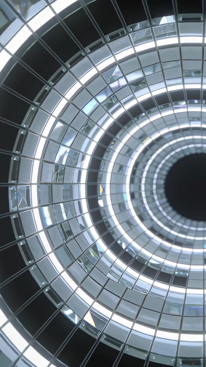 Video verticale: Inclinazione della telecamera che mostra anelli LED e specchi in un centro commerciale, con riflessi prismatici.
