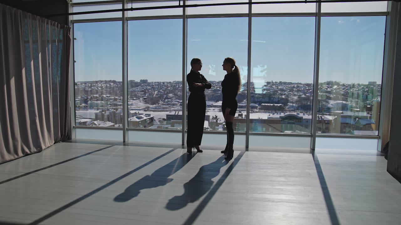 Two female colleagues stand in front of panoramic window in spacious office. Women discussing issues during break from work. Cityscape at backdrop.