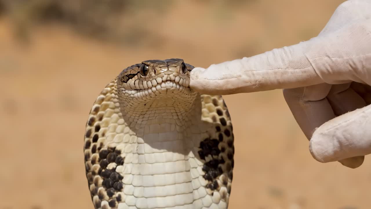 Gloved Hand Gently Touches a Cobra's Head in the Desert