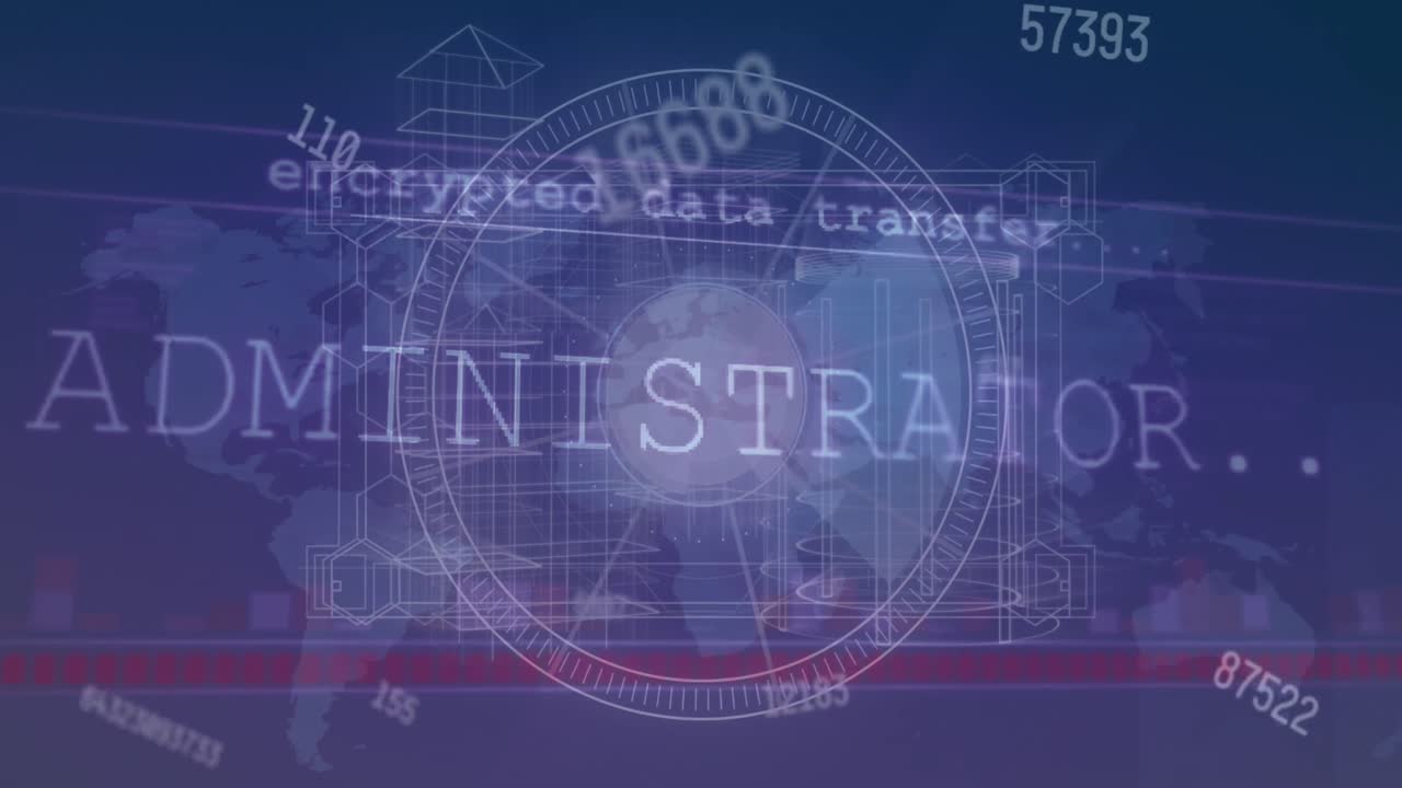 파란색 배경의 세계지도에 대한 숫자 애니메이션, 둥근 스캐너 및 데이터 처리