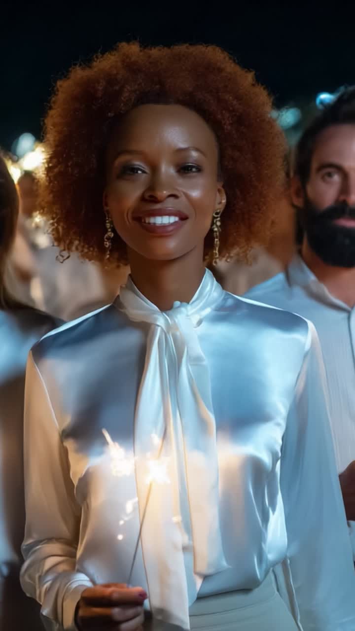A Joyous Celebration with Sparkling Lights: A Woman in a White Blouse Smiles at a Festive Gathering, Illuminating the Night with Her Joy and Elegance