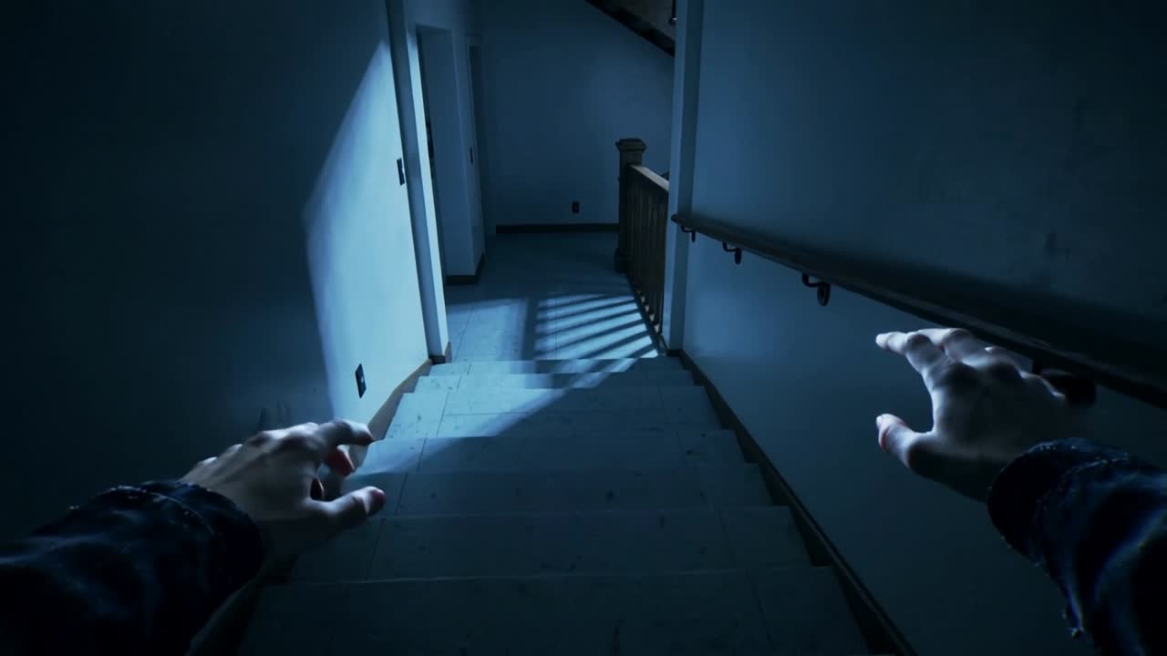 Blue light guiding arms and hands in dark sleeves down stairs in dim hallway, touching banister