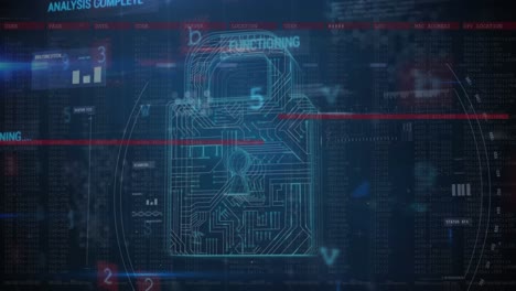 animation of warning data processing, online security padlock and circuit board