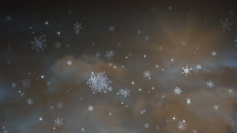 animation of snow falling over clouds and sun in background