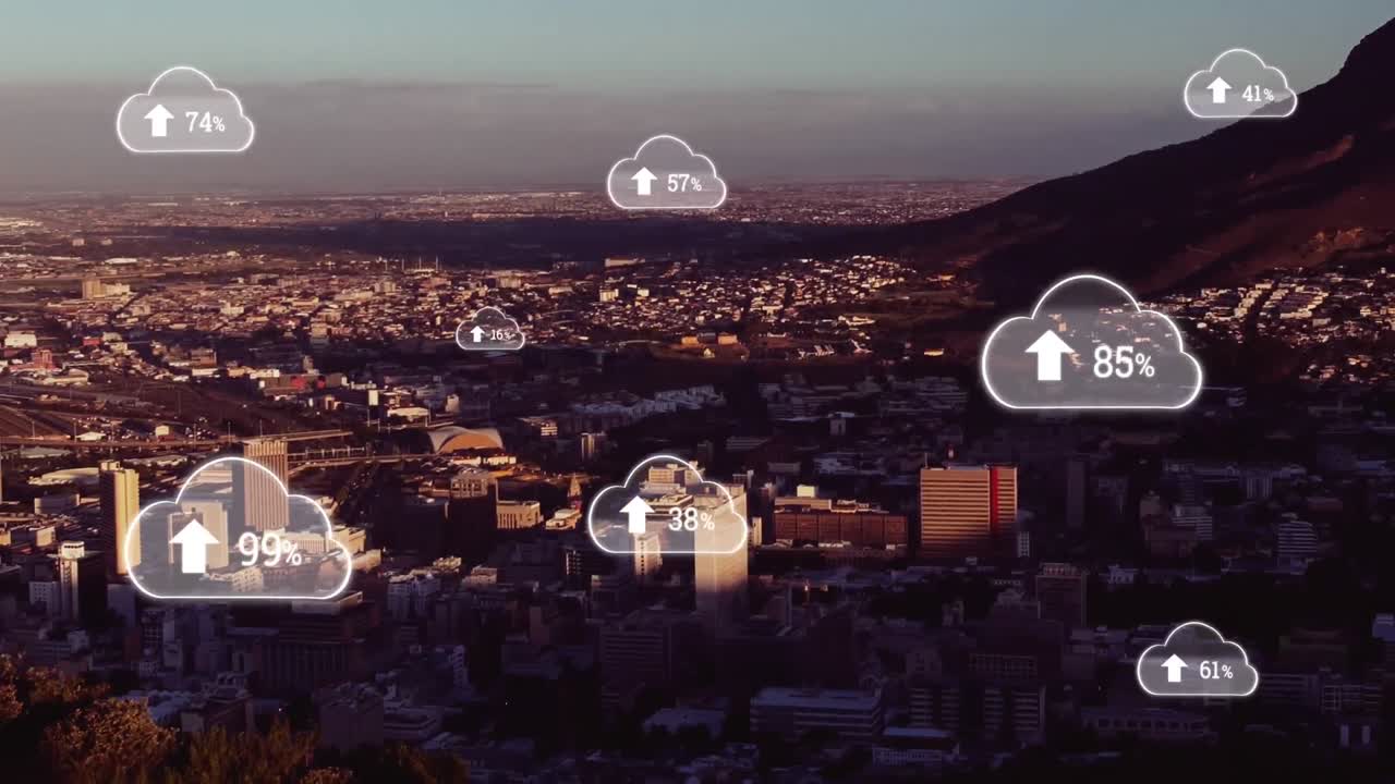 animación de iconos de nubes con porcentaje y ciudad en el fondo