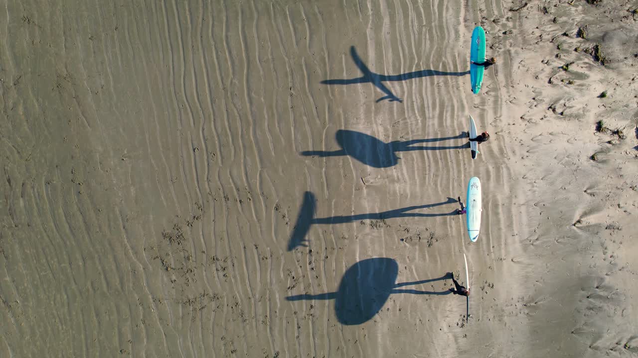 amigos caminando por la playa con tablas de surf proyectando sombras