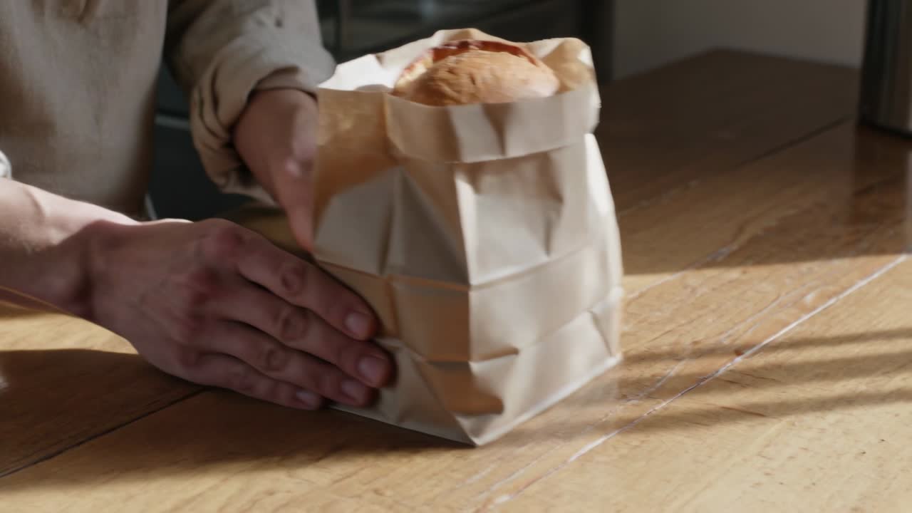 Et par iført oppbrettede ermer og genser plasserer en pose og holder brødet stødig for deling ved kjøkkenbordet.