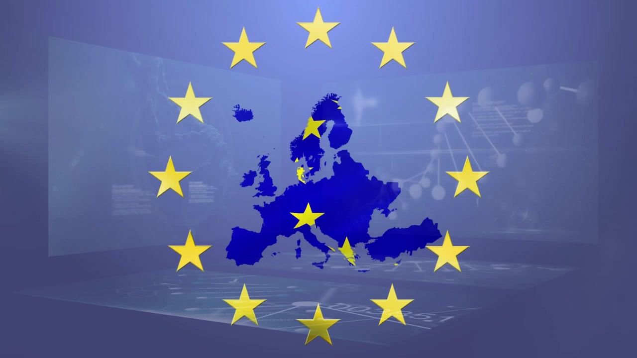 Mapa Unii Europejskiej z obracającymi się gwiazdami i cyfrowym tłem danych