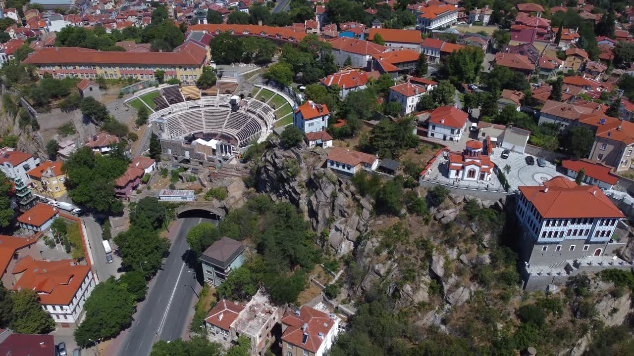 Cinematic drone view of Roman Theatre of Philippopolis in Plovdiv, Bulgaria