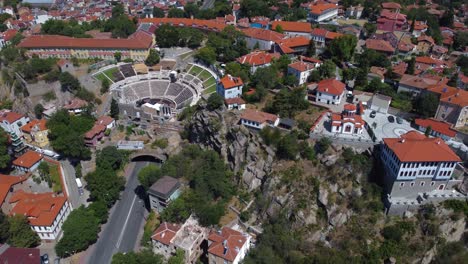 cinematic drone view of roman theatre of philippopolis in plovdiv, bulgaria