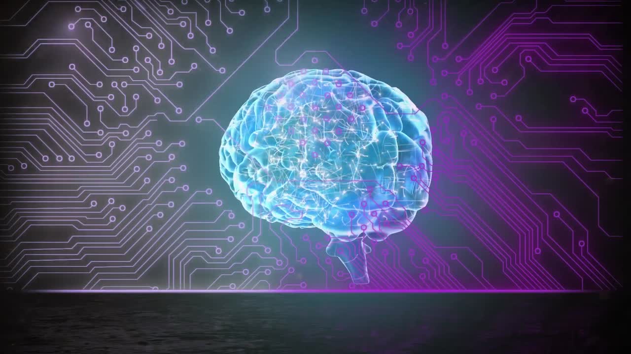 Digital animation of human brain spinning over microprocessor connections against black background
