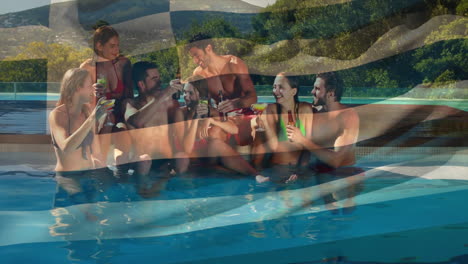 friends in pool with drinks, animation of flag overlaying scene