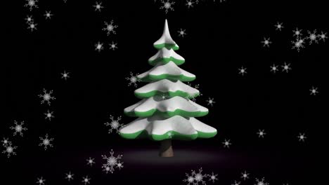 Digital-animation-of-snowflakes-falling-over-christmas-tree-spinning-against-black-background