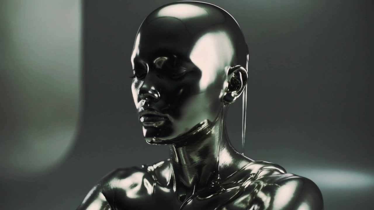 Shifting camera showing glossy black bust reflowing liquid metal drawing filament down neck in set