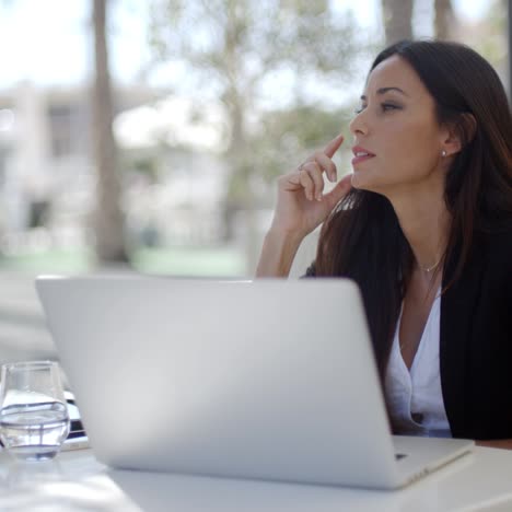 businesswoman sitting thinking at a restaurant