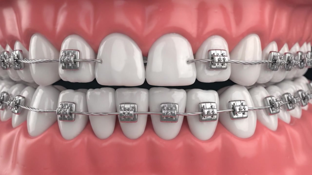 A Detailed Visual Comparison of Dental Braces, Showcasing the Alignment Process of Teeth with Hardware Fitted for Orthodontic Treatment