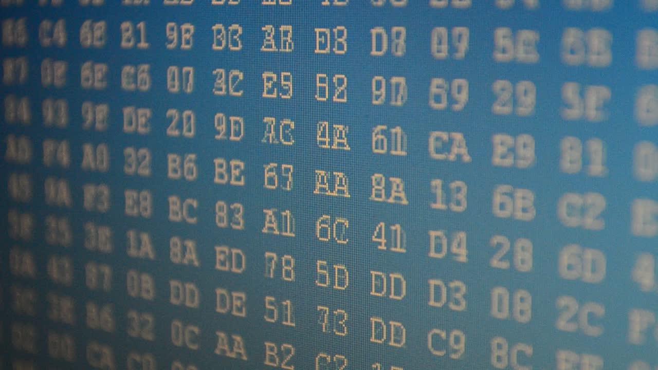 Shooting in the long term, code. Beautiful foreshortening of a code. Hexadecimal program code on screen. Animated background of moving binary code numbers