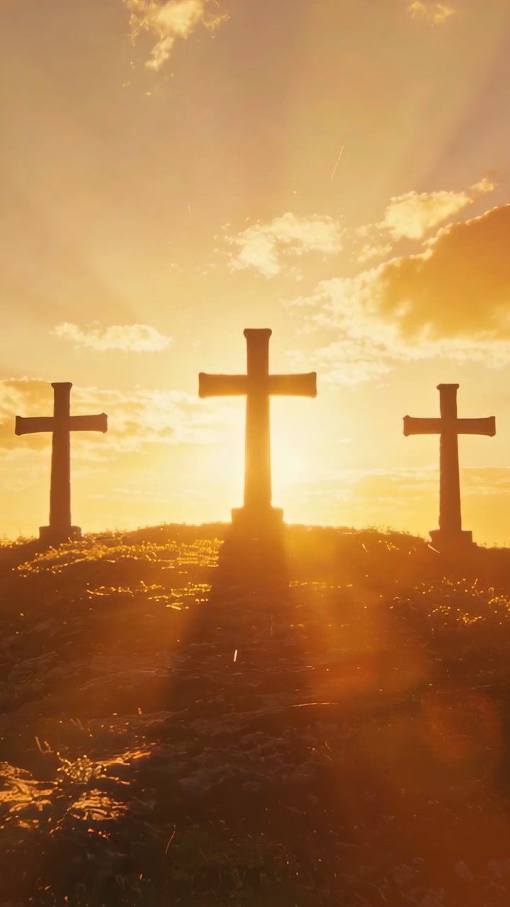 Vertical video: Casting shafts and lens flare, low sun aligning behind three crosses on hilltop