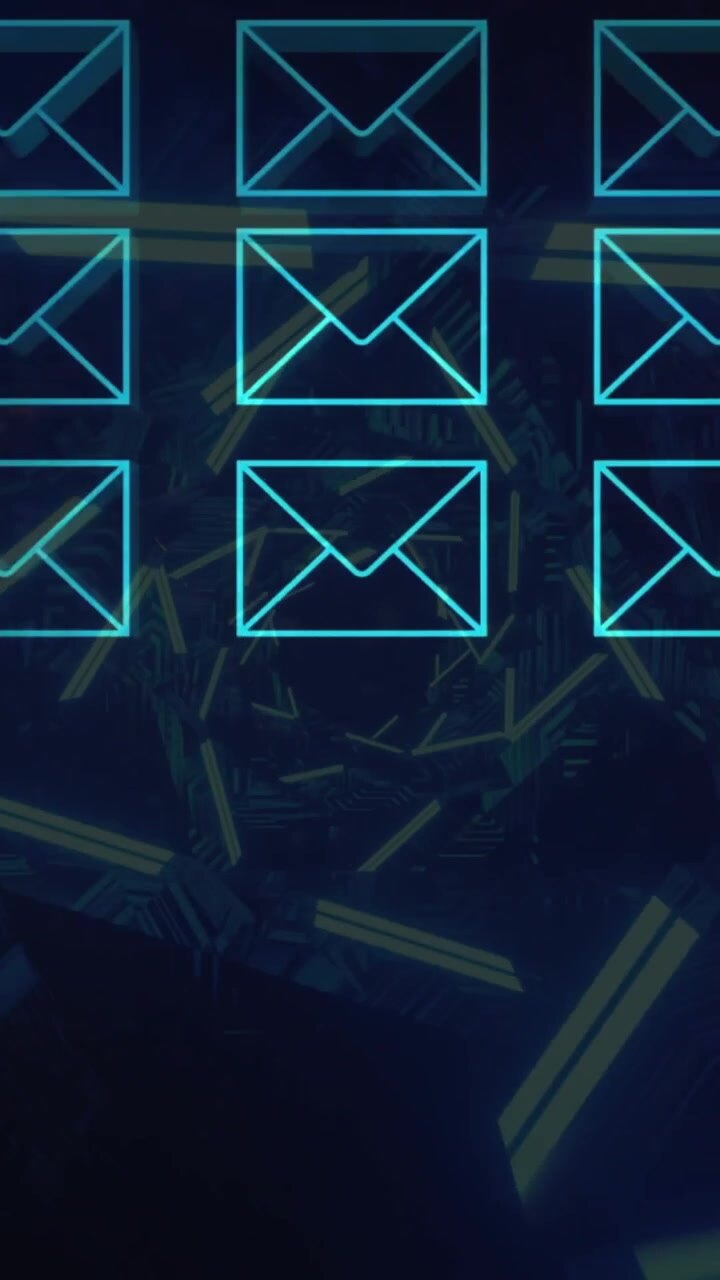 Animation of grid of envelope icons over glowing spiral on black background