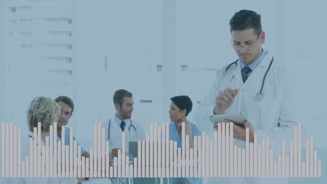 medical professionals discussing patient data with bar graph animation overlaid