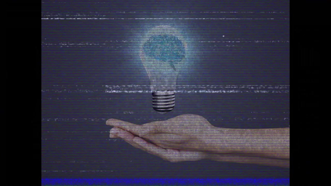 Static glitch causing hand entering sliding rotating bulb glowing flickering to symbolize insight