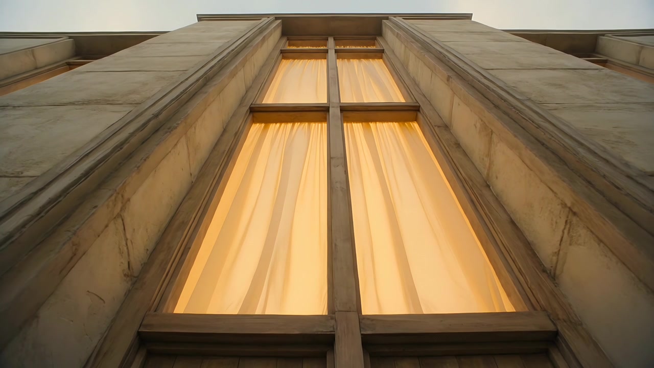 Câmera se inclinando, revelando uma janela alta e estreita em uma fachada de pedra para mostrar cortinas âmbar e um céu pálido.