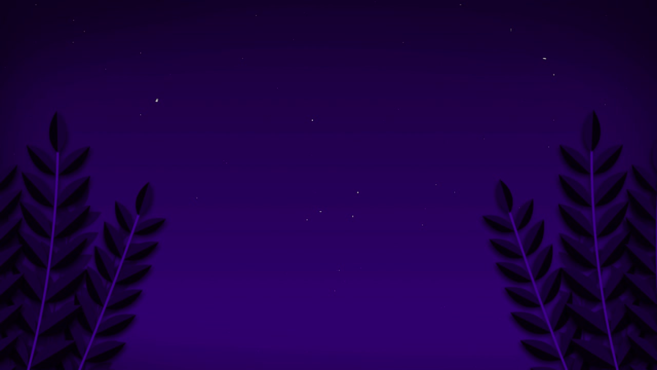 2D cartoon leave branch stem animation sway in wind with nighttime starry skyline gradient background nature motion graphics visual effect purple