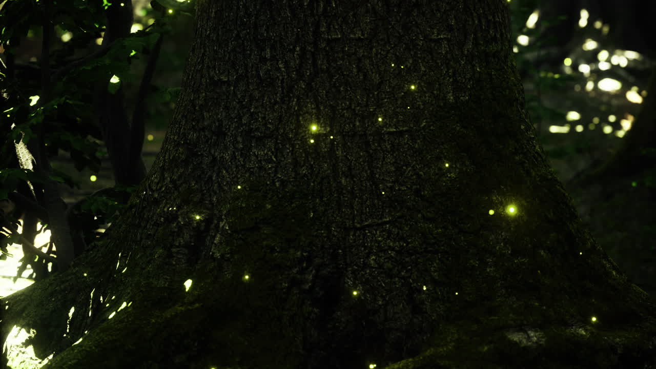 Twinkling fireflies illuminate a lush forest at dusk near a majestic tree