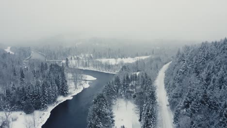 Foggy-Winter-Landscape---Drone-Flying---4K---Mountains---River