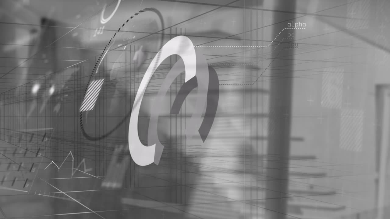 Animation of moving financial data processing over grey background