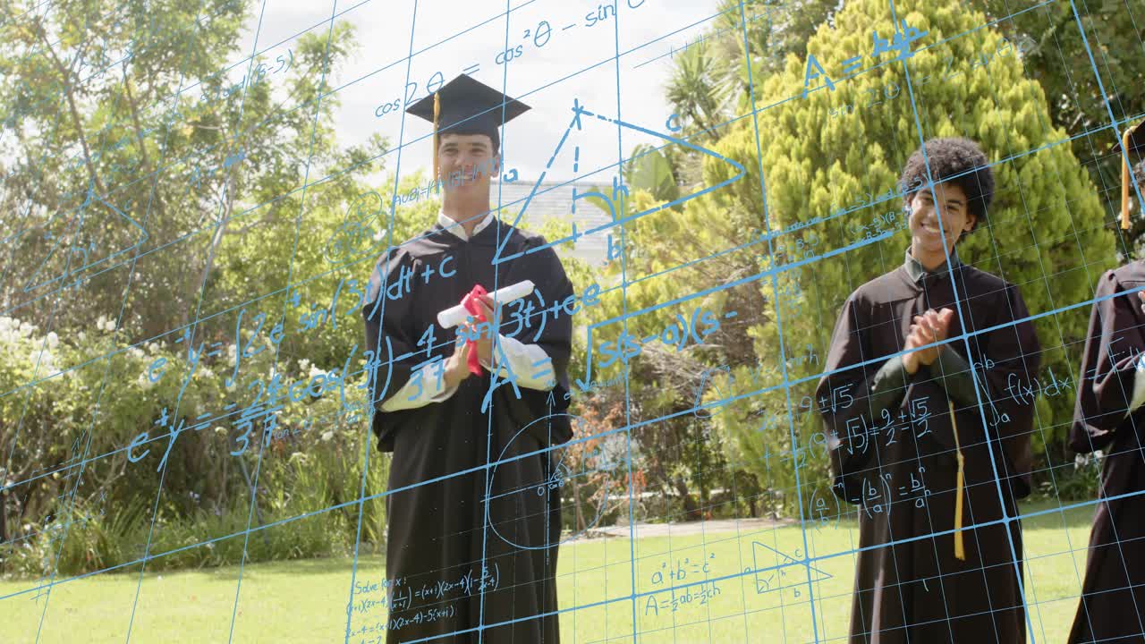 Central grad stepping forward on cue for graduation while male holding ribbon, blue grid overlaying