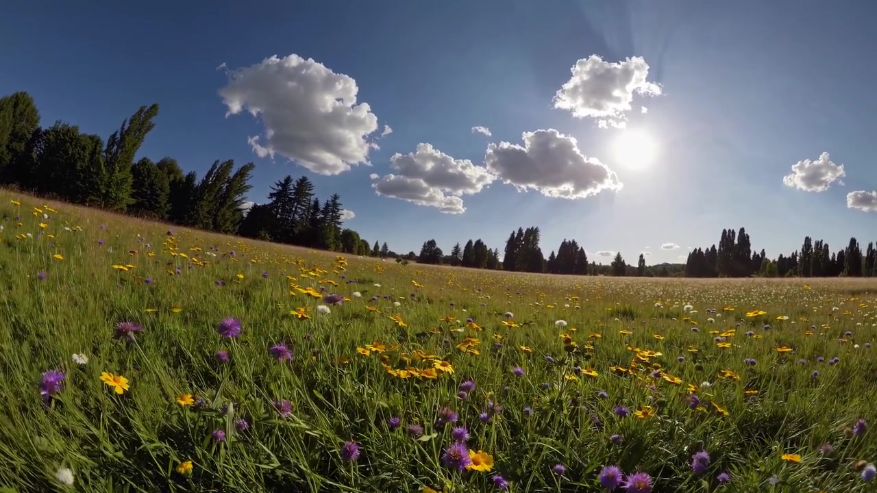 Levende vildblomsteng under en solrig blå himmel med bevægende skyer
