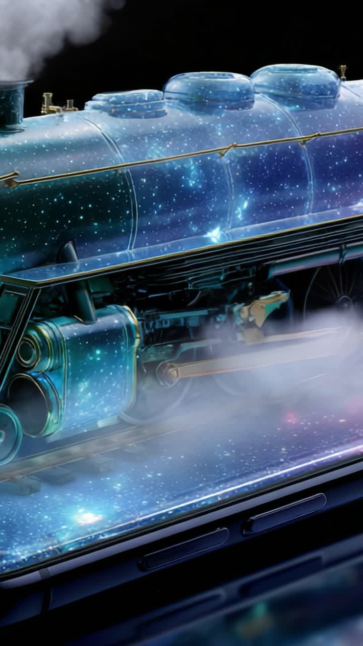 科技與想像力的迷人融合：一列火車從智能手機中駛出，帶有宇宙設計，突顯創新與創意的交匯點