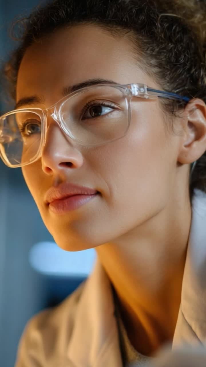 Intense Focus and Curiosity: A Young Professional Engaged in Scientific Research with Glasses, Capturing the Essence of Innovation and Dedication in a Laboratory Setting