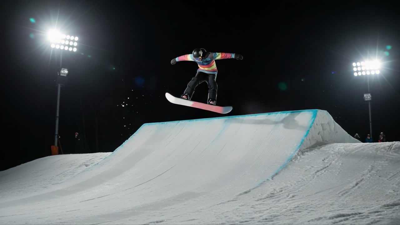 A Snowboarder Executes an Impressive Jump on a Nighttime Snow Park Slopestyle Course, Showcasing Skill and Courage Under Bright Lights