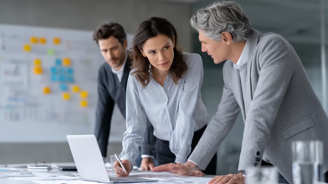 Professional Team Collaboration: Engaged Individuals Analyze Data and Ideas at a Modern Workspace While Discussing Strategic Plans and Creative Solutions