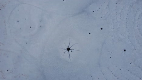 frozen lake of arpy in morgex, ao, italy - aerial top down