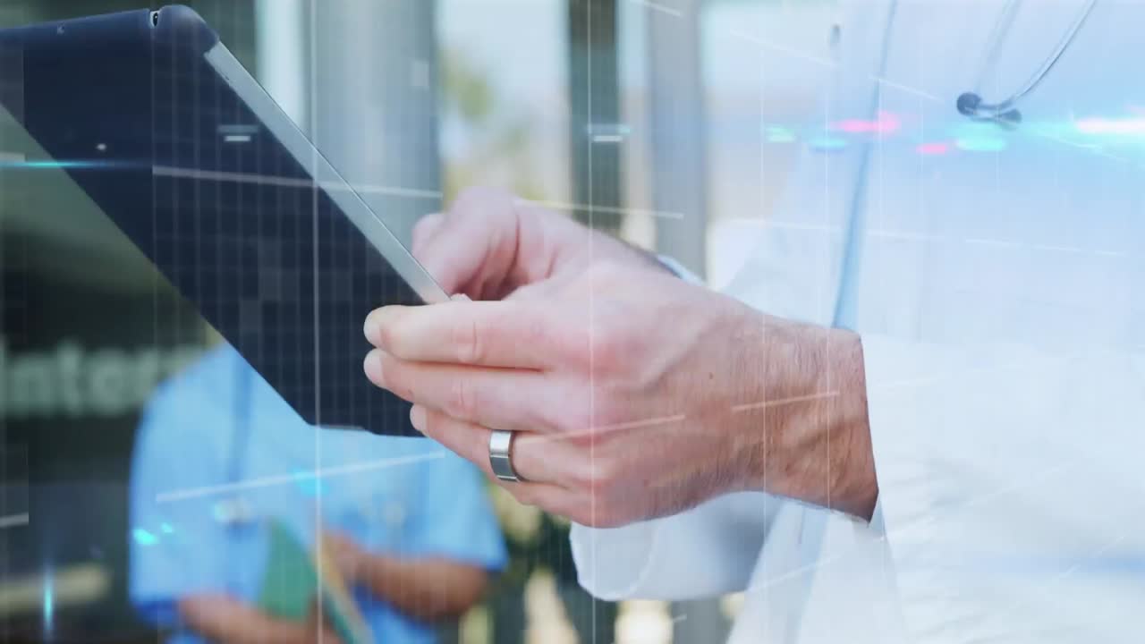 Animation of network of digital icons over male doctor using tablet