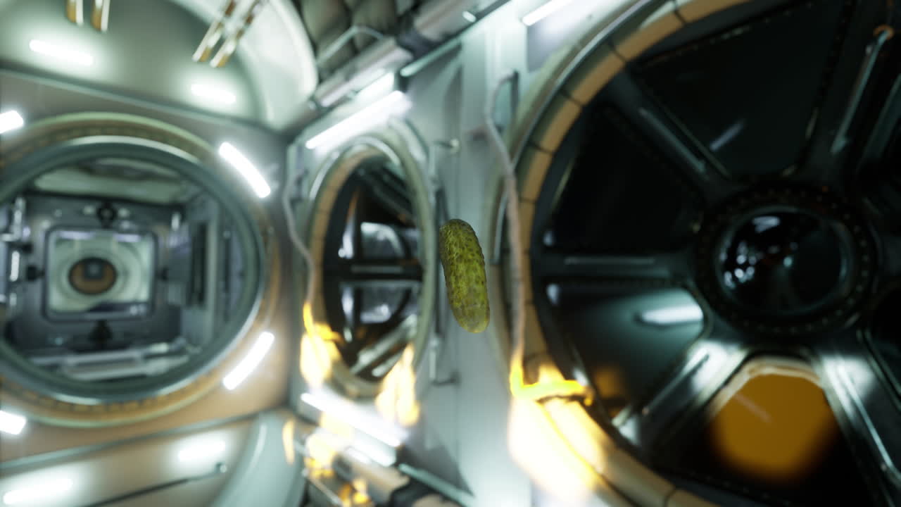 Cucumber floats in a high tech spaceship interior