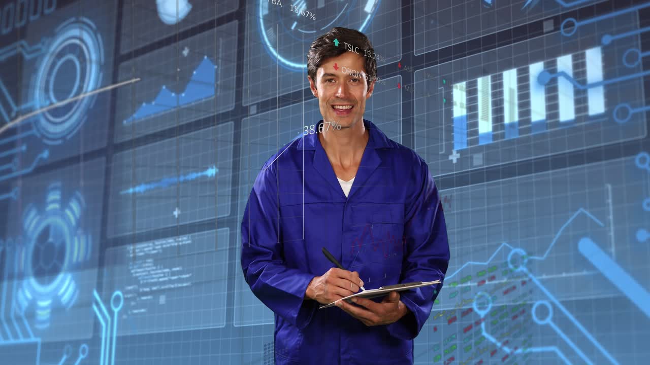 Animation of scope scanning and data processing over caucasian man taking notes