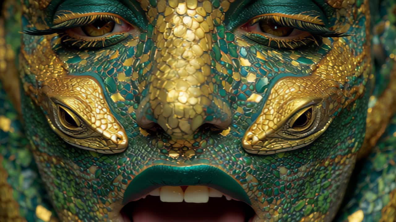 Filmato in primissimo piano di un volto surreale ispirato a un rettile, coperto da scaglie a mosaico color verde acqua e oro, con occhi di lucertola sulle guance e labbra lucide, concetto fantasy.