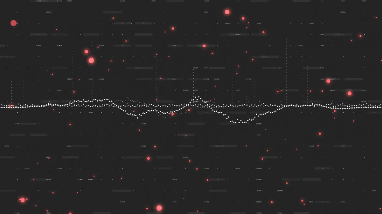 Red glowing particles forming digital waveform on dark background in animation