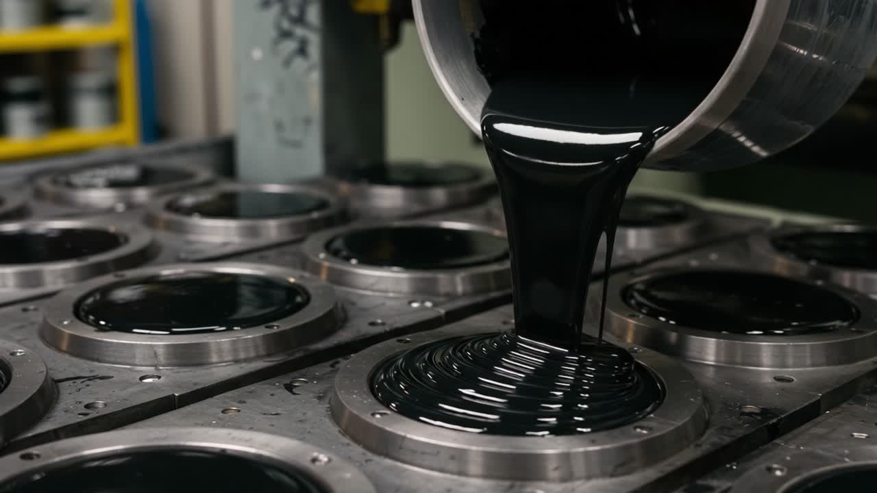 A Glimpse into Industrial Processes: The Art of Pouring Thick Black Substance into Metallic Molds in a Manufacturing Facility