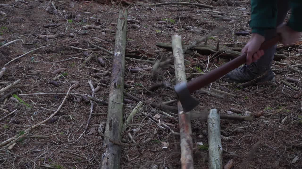 Chopping logs with an axe and then sharpening them to make stakes in order to build a shelter
