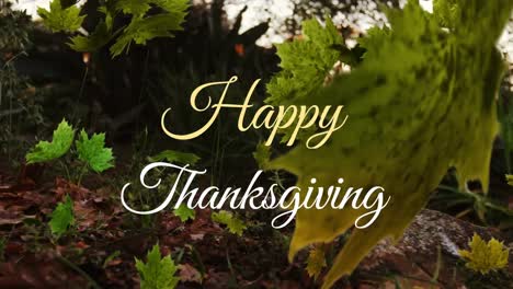 animation of happy thanksgiving text banner and autumn leaves falling against forest