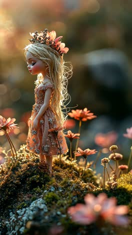 doll standing surrounded by colorful flowers in a garden setting