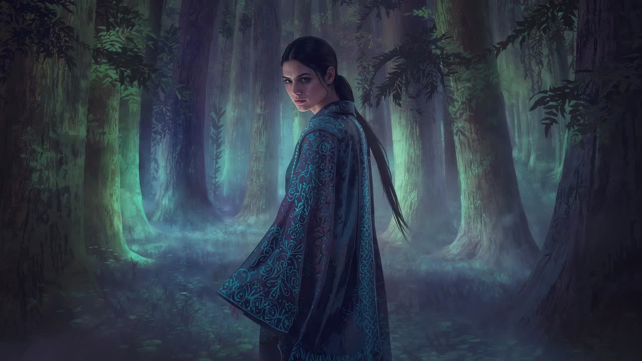 Walking Asian woman in teal robe stepping into misty bioluminescent forest, following teal glow